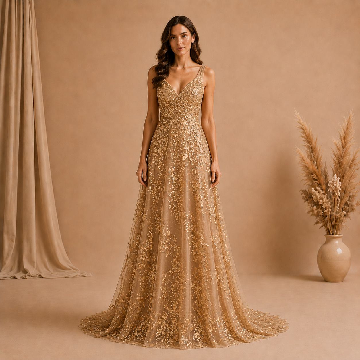 Embroidered Gold Evening Gown