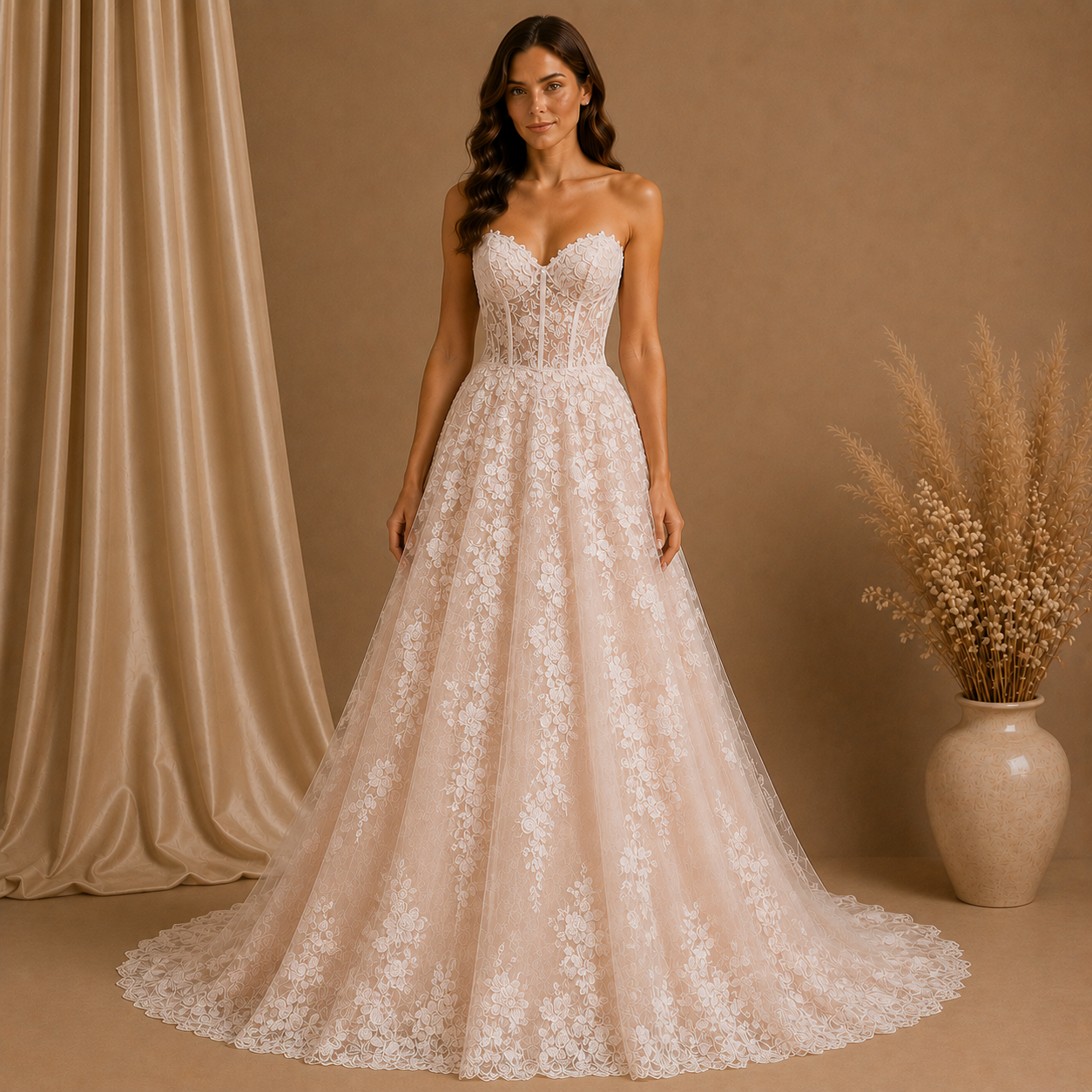 A-Line Lace Wedding Dress — Blush